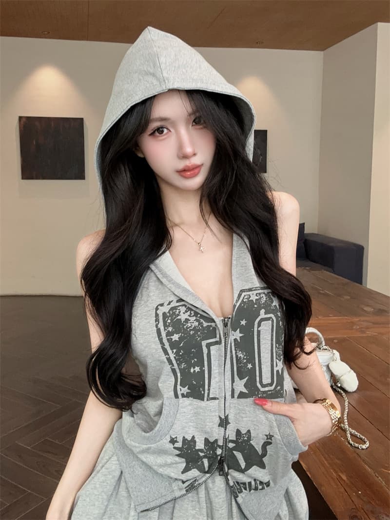 실사 아메리칸 알파벳 프린트 민소매 백리스 후드 조끼 맨위 꽃밭 짧은 바지 투피스 세트 상세 이미지 8