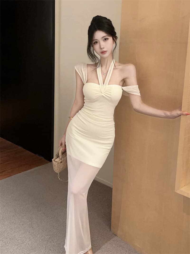실사 품격 명문 여성 망사 오프숄더 몸매 가꾸기 타이트 스커트 슬립 드레스 이미지 3