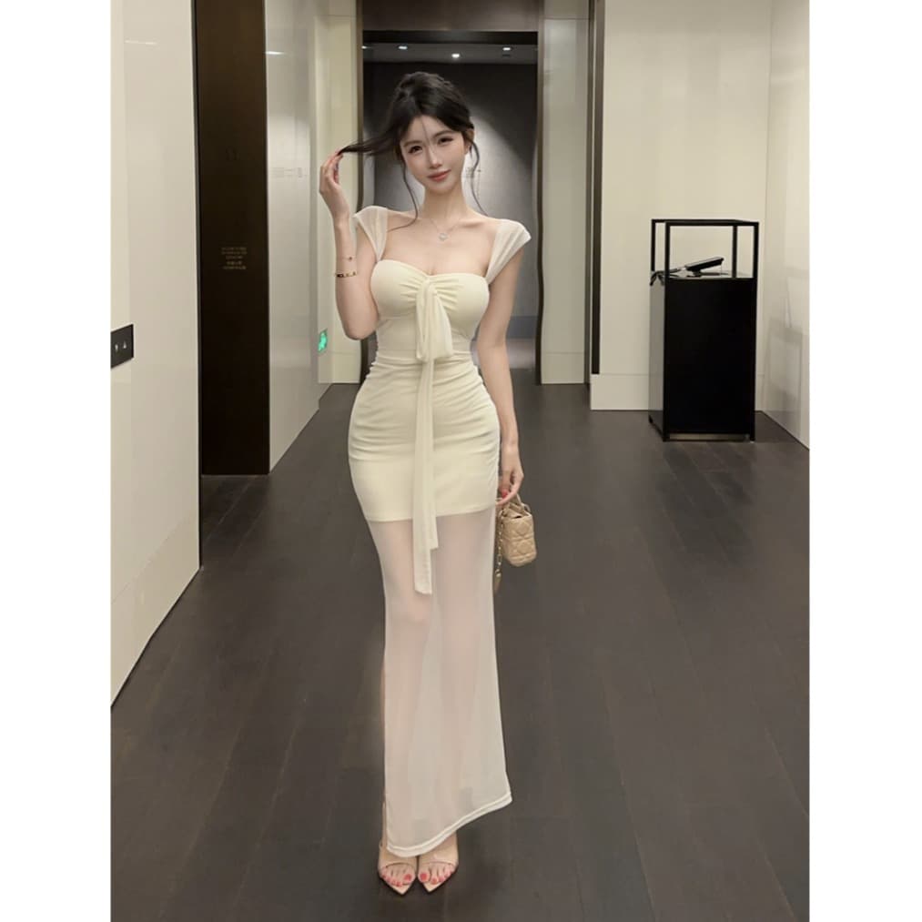실사 품격 명문 여성 망사 오프숄더 몸매 가꾸기 타이트 스커트 슬립 드레스 이미지 5