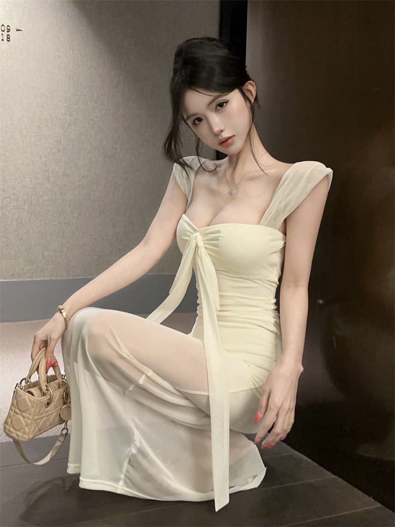 실사 품격 명문 여성 망사 오프숄더 몸매 가꾸기 타이트 스커트 슬립 드레스 상세 이미지 12