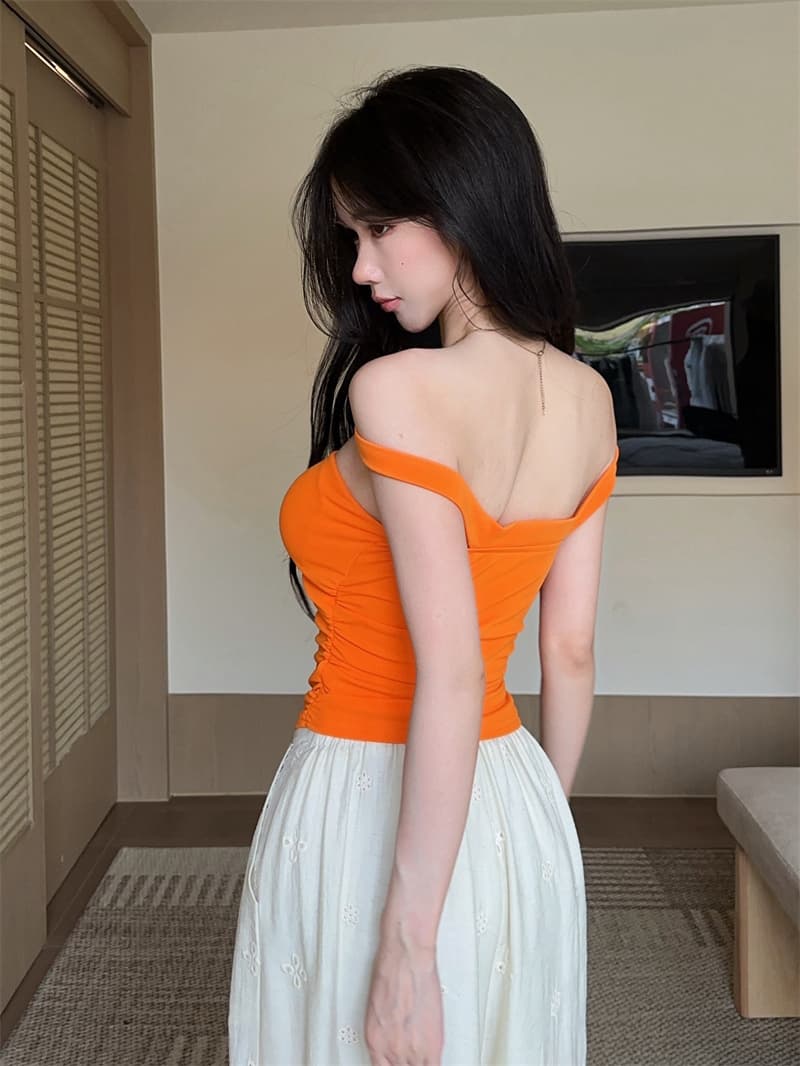 실사 튜브탑 섹시함 한 단어 어깨끈 가슴 패드 조끼 슬립 상세 이미지 1