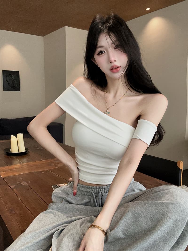 실사 순수한 욕망 섹시함 오프숄더 반팔 품격 몸매 가꾸기 슬림해 보이는 오프숄더 티셔츠 켜기 벨트 가슴 패드 상세 이미지 7