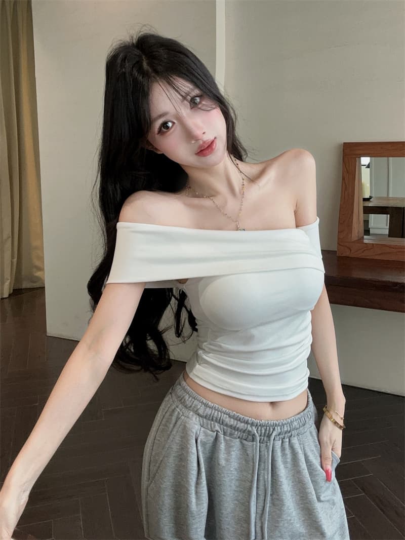 실사 순수한 욕망 섹시함 오프숄더 반팔 품격 몸매 가꾸기 슬림해 보이는 오프숄더 티셔츠 켜기 벨트 가슴 패드 상세 이미지 10