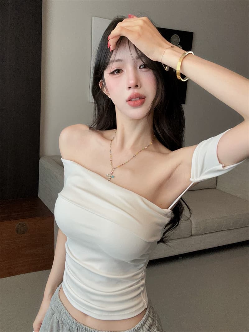 실사 순수한 욕망 섹시함 오프숄더 반팔 품격 몸매 가꾸기 슬림해 보이는 오프숄더 티셔츠 켜기 벨트 가슴 패드 상세 이미지 14