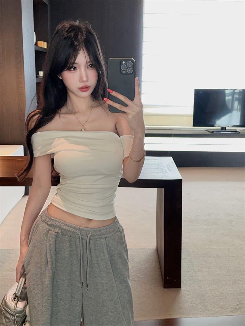 실사 순수한 욕망 섹시함 오프숄더 반팔 품격 몸매 가꾸기 슬림해 보이는 오프숄더 티셔츠 켜기 벨트 가슴 패드 상세 이미지 18