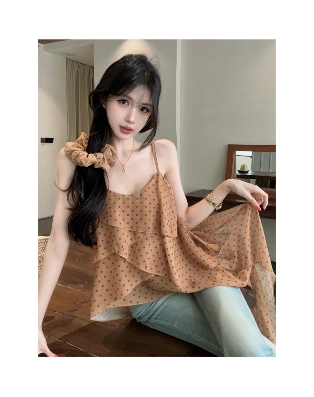 실사 레트로 도트 무늬 프린트 슬립 수준 프릴 불규칙 외국 가스 슬립 켜기 벨트 머리카락 후프 상세 이미지 10