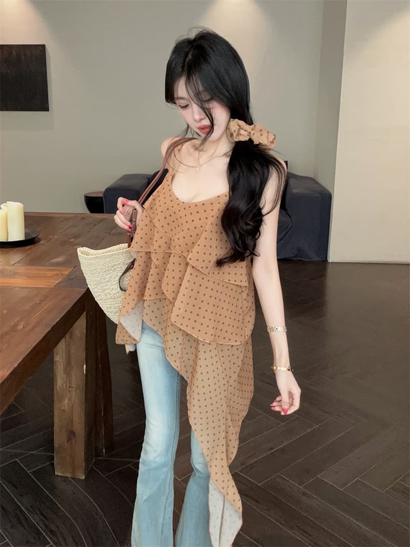 실사 레트로 도트 무늬 프린트 슬립 수준 프릴 불규칙 외국 가스 슬립 켜기 벨트 머리카락 후프 상세 이미지 12