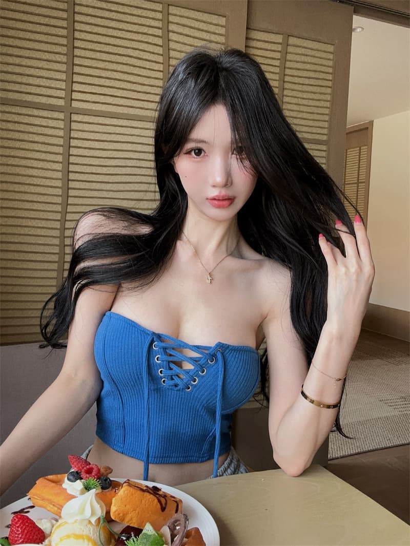 실사 섹시함 외출용 핫걸 레이스업 튜브탑 조끼 켜기 벨트 가슴 패드 상세 이미지 4