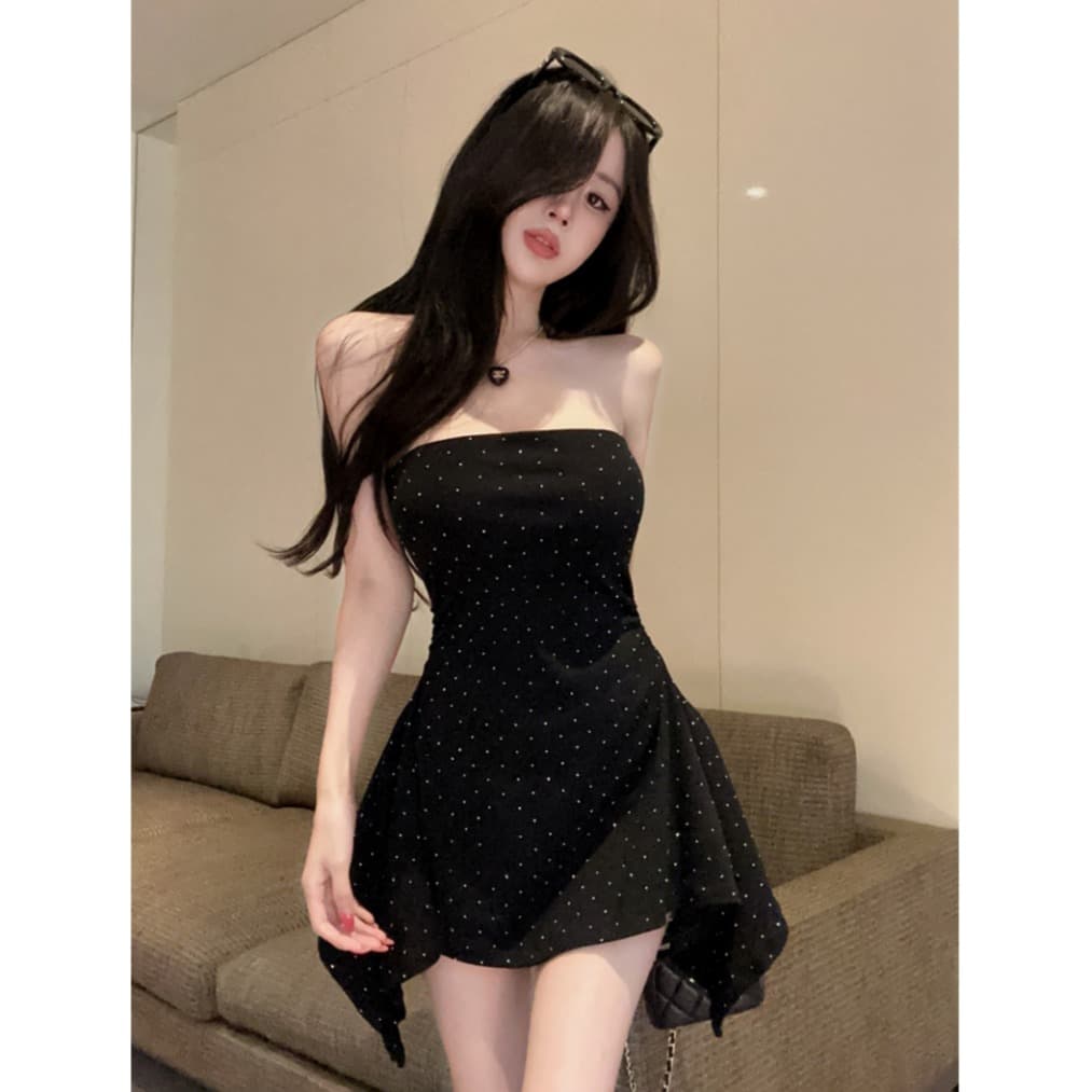 실사 예복 벨트 가슴 패드 핫픽스 주름 불규칙 인어 꼬리 튜브탑 드레스 플러스 안전 레깅스 투피스 세트 이미지 5
