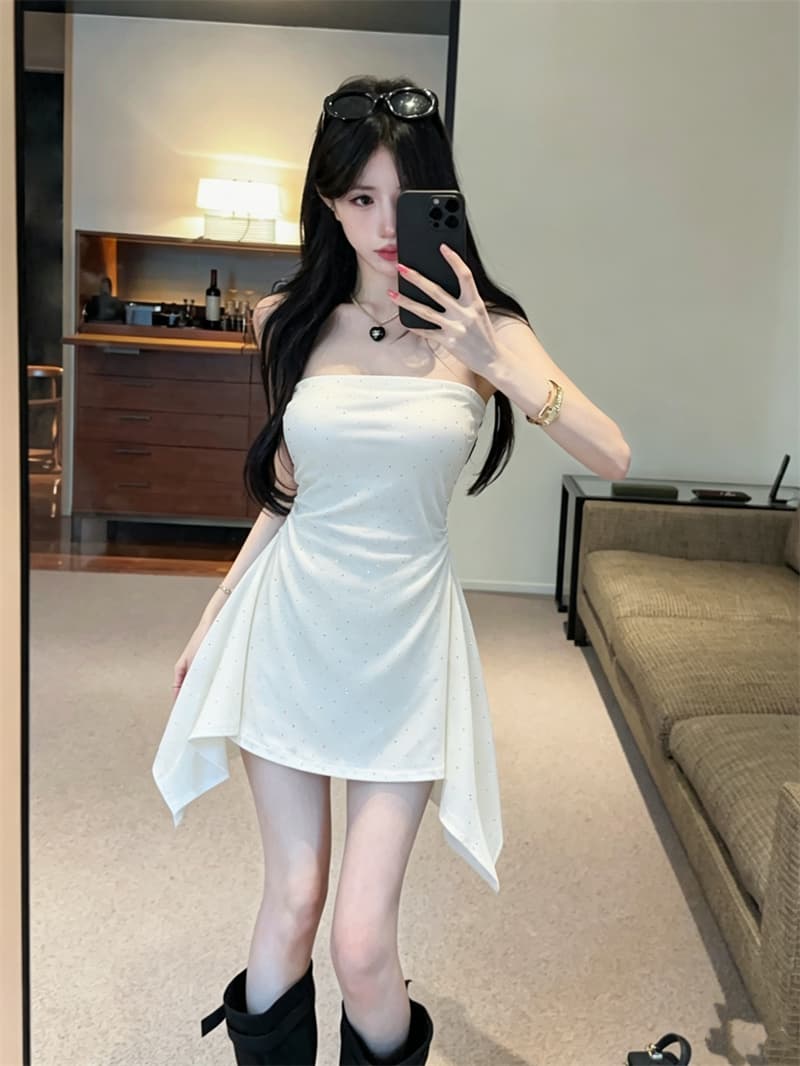 실사 예복 벨트 가슴 패드 핫픽스 주름 불규칙 인어 꼬리 튜브탑 드레스 플러스 안전 레깅스 투피스 세트 상세 이미지 2