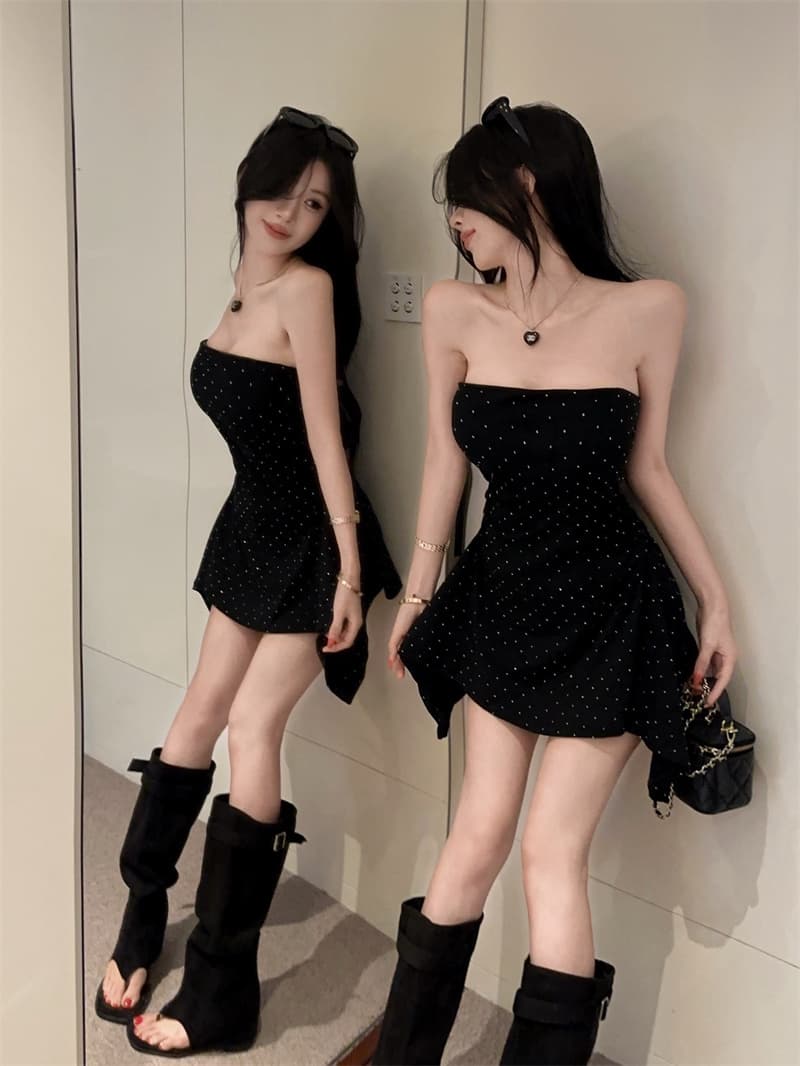 실사 예복 벨트 가슴 패드 핫픽스 주름 불규칙 인어 꼬리 튜브탑 드레스 플러스 안전 레깅스 투피스 세트 상세 이미지 5