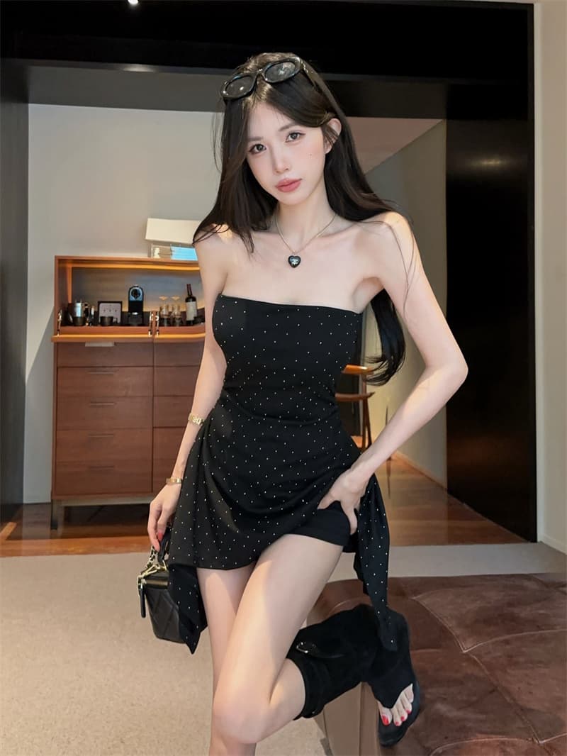 실사 예복 벨트 가슴 패드 핫픽스 주름 불규칙 인어 꼬리 튜브탑 드레스 플러스 안전 레깅스 투피스 세트 상세 이미지 7