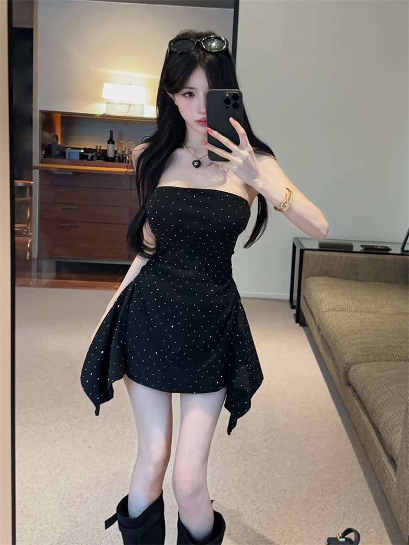 실사 예복 벨트 가슴 패드 핫픽스 주름 불규칙 인어 꼬리 튜브탑 드레스 플러스 안전 레깅스 투피스 세트 상세 이미지 9