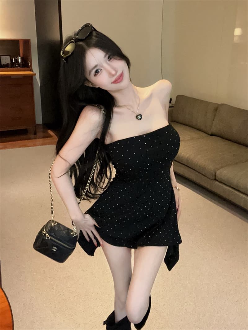 실사 예복 벨트 가슴 패드 핫픽스 주름 불규칙 인어 꼬리 튜브탑 드레스 플러스 안전 레깅스 투피스 세트 상세 이미지 14