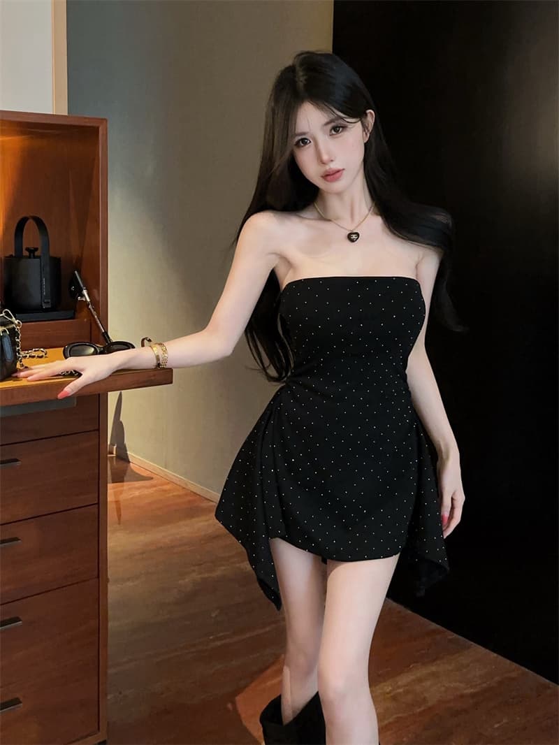실사 예복 벨트 가슴 패드 핫픽스 주름 불규칙 인어 꼬리 튜브탑 드레스 플러스 안전 레깅스 투피스 세트 상세 이미지 16