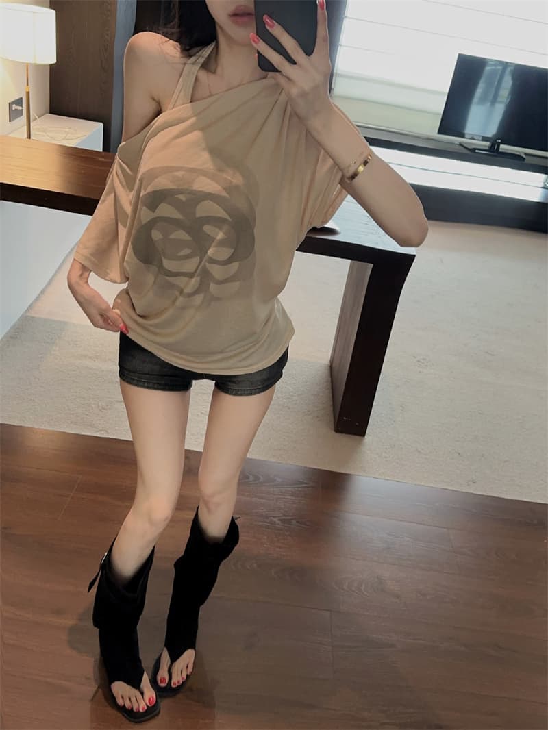 실사 한 부서 순수한 욕망 페이크 레이어드 행침 목 오프숄더 프린트 루즈핏 얇은 스타일 반팔 티셔츠 맨위 상세 이미지 1