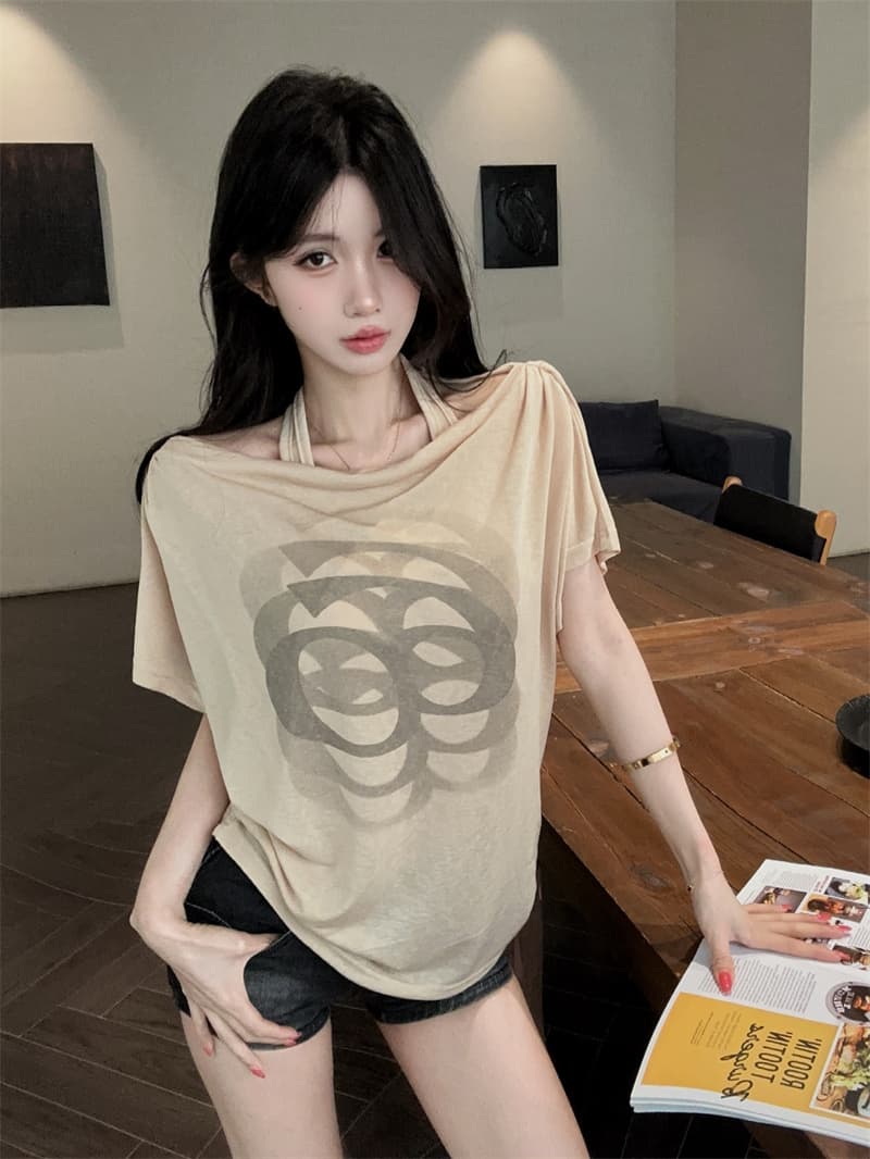실사 한 부서 순수한 욕망 페이크 레이어드 행침 목 오프숄더 프린트 루즈핏 얇은 스타일 반팔 티셔츠 맨위 상세 이미지 3