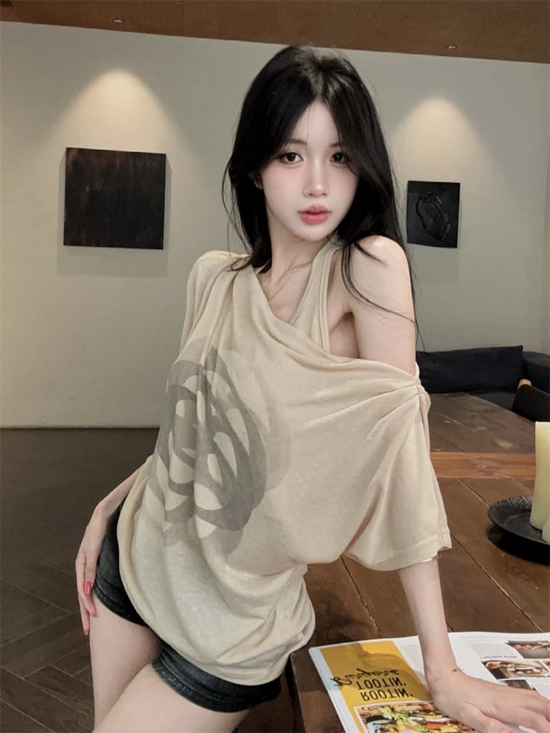 실사 한 부서 순수한 욕망 페이크 레이어드 행침 목 오프숄더 프린트 루즈핏 얇은 스타일 반팔 티셔츠 맨위 상세 이미지 5