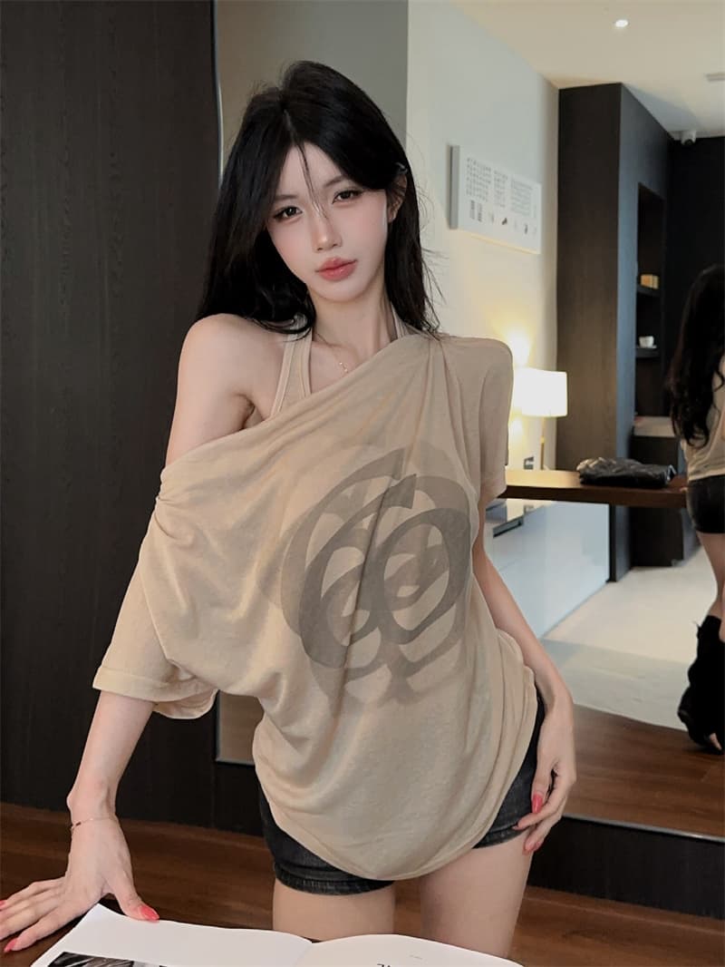실사 한 부서 순수한 욕망 페이크 레이어드 행침 목 오프숄더 프린트 루즈핏 얇은 스타일 반팔 티셔츠 맨위 상세 이미지 6