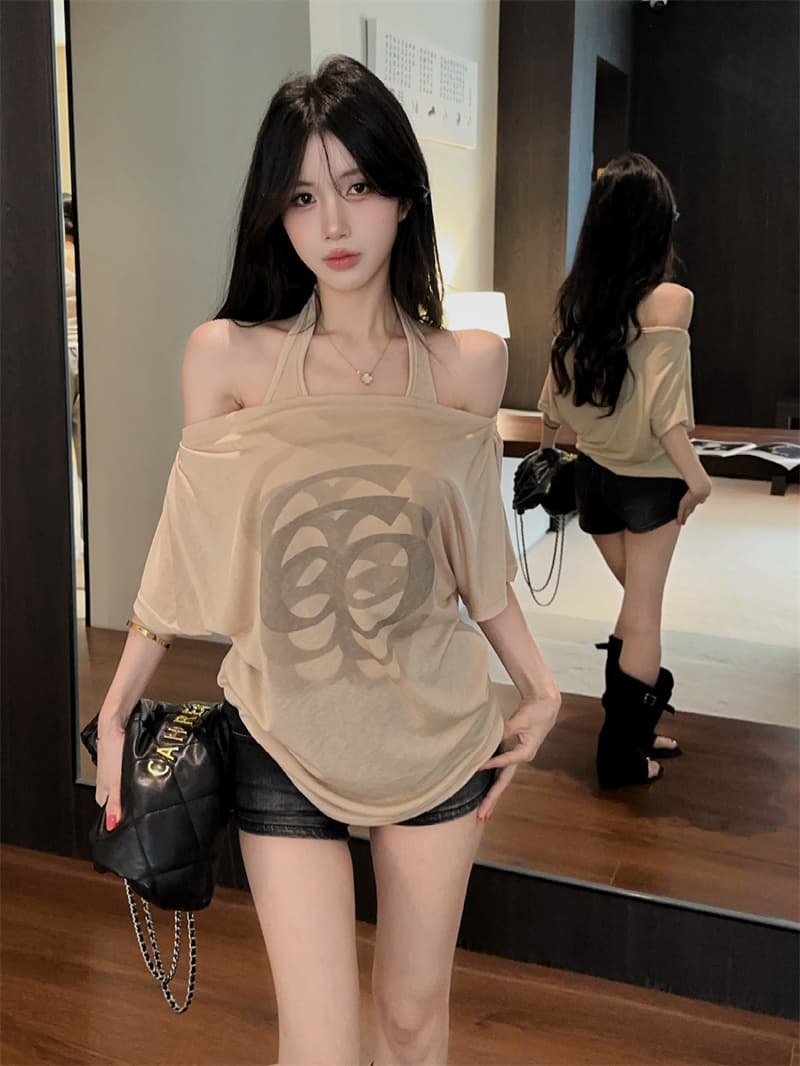 실사 한 부서 순수한 욕망 페이크 레이어드 행침 목 오프숄더 프린트 루즈핏 얇은 스타일 반팔 티셔츠 맨위 상세 이미지 7