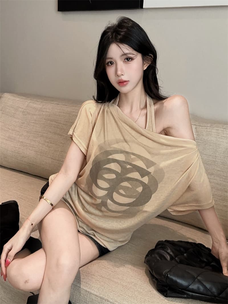 실사 한 부서 순수한 욕망 페이크 레이어드 행침 목 오프숄더 프린트 루즈핏 얇은 스타일 반팔 티셔츠 맨위 상세 이미지 11