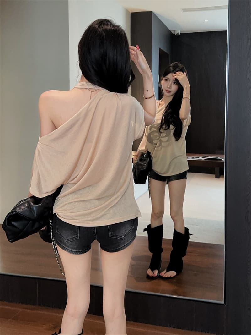 실사 한 부서 순수한 욕망 페이크 레이어드 행침 목 오프숄더 프린트 루즈핏 얇은 스타일 반팔 티셔츠 맨위 상세 이미지 13