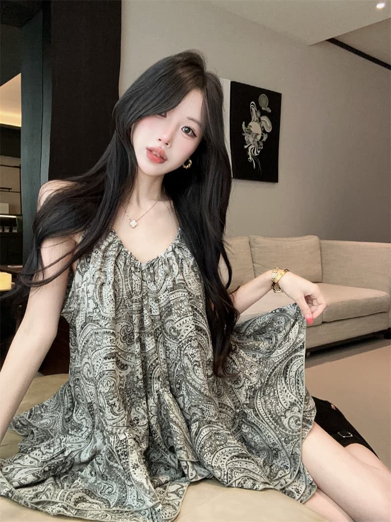 실사 레트로 휴가 프린트 V넥 펌프 로프 불규칙 슬립 루즈핏 민소매 맨위 상세 이미지 7