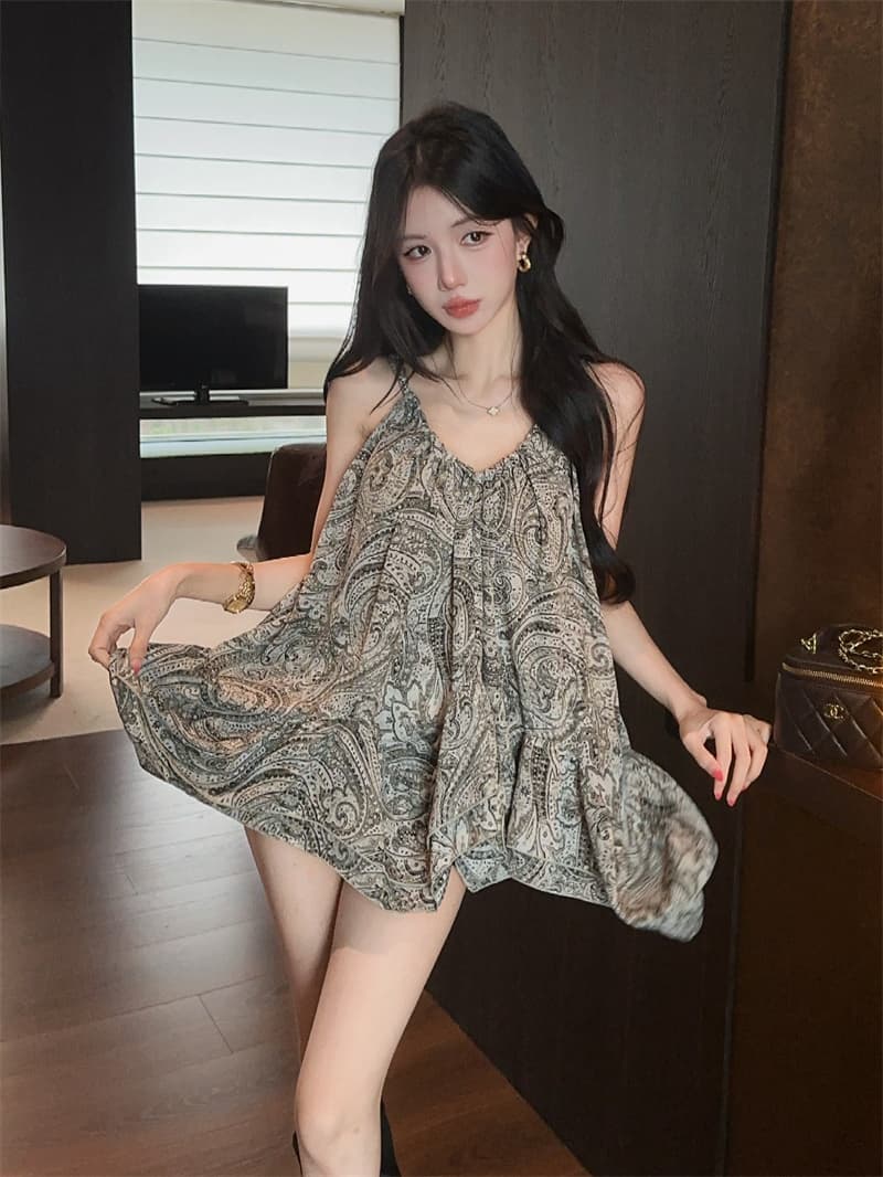 실사 레트로 휴가 프린트 V넥 펌프 로프 불규칙 슬립 루즈핏 민소매 맨위 상세 이미지 8