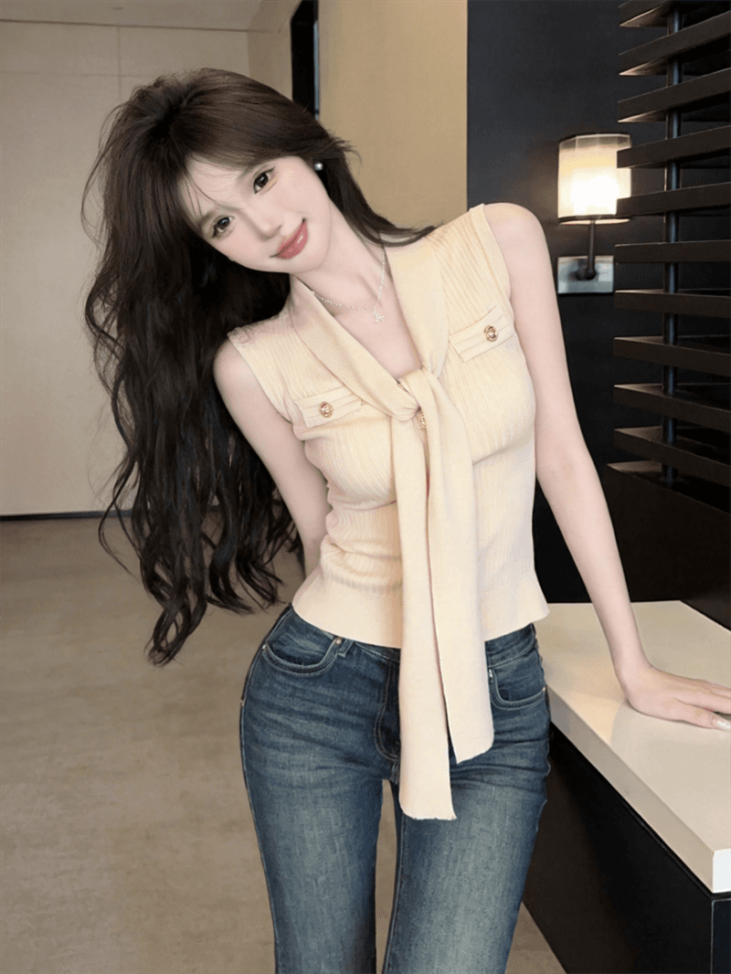 실사 작은 샤넬 스타일 V넥 리본 민소매 다용도 몸매 가꾸기 슬림해 보이는 풀오버 니트 스웨터 맨위