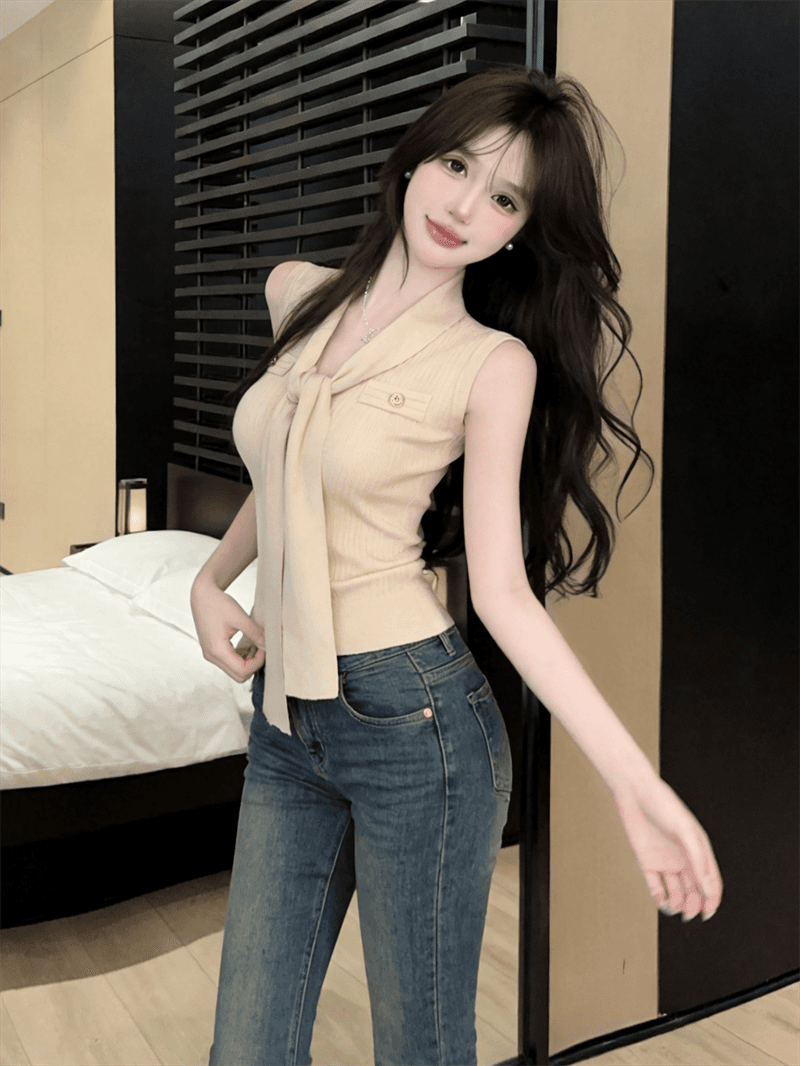 실사 작은 샤넬 스타일 V넥 리본 민소매 다용도 몸매 가꾸기 슬림해 보이는 풀오버 니트 스웨터 맨위 이미지 3