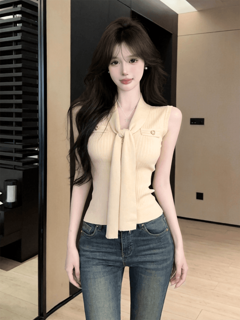 실사 작은 샤넬 스타일 V넥 리본 민소매 다용도 몸매 가꾸기 슬림해 보이는 풀오버 니트 스웨터 맨위 이미지 4