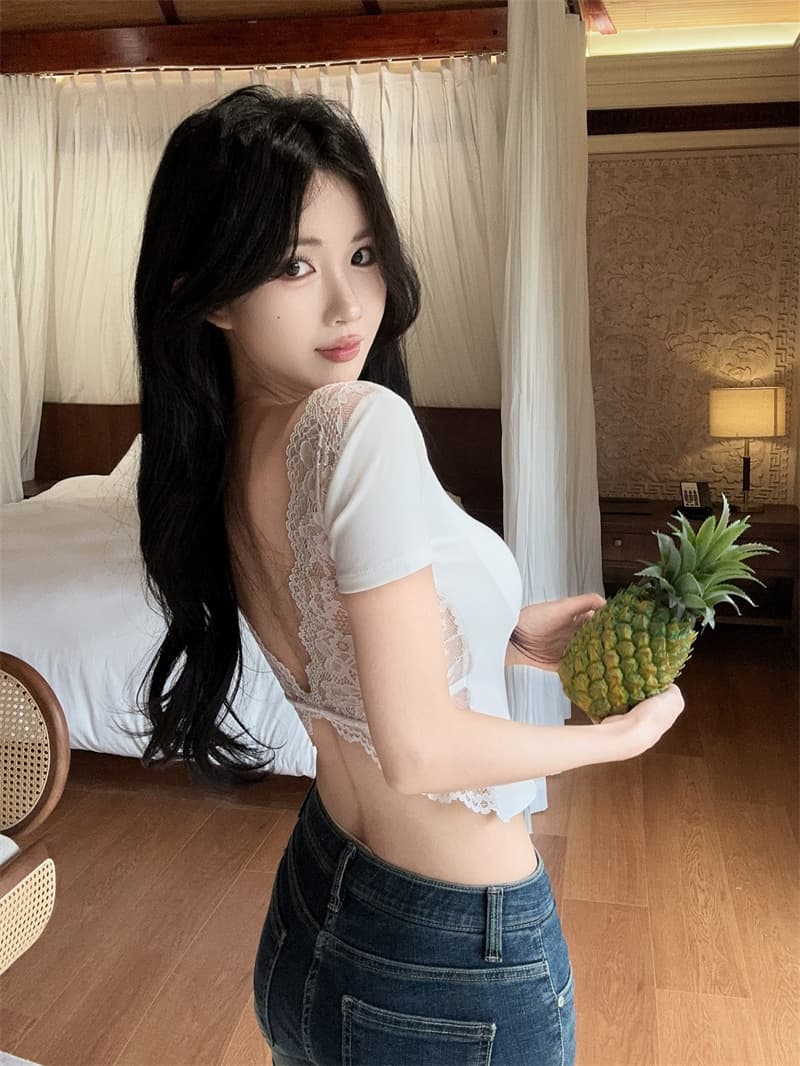 실사 순수한 욕망 섹시함 광장 칼라 뒤로 패치워크 레이스 이슬 멜빵 가슴 패드 반팔 맨위 티셔츠 상세 이미지 16