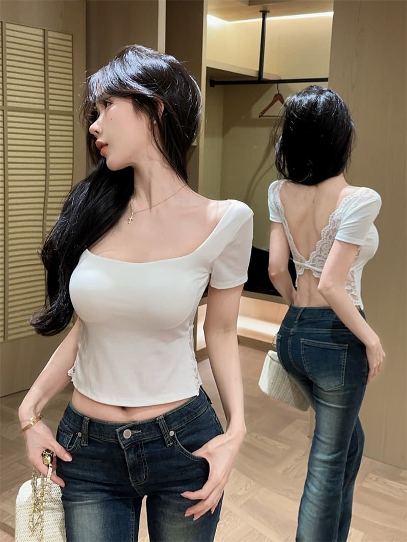 실사 순수한 욕망 섹시함 광장 칼라 뒤로 패치워크 레이스 이슬 멜빵 가슴 패드 반팔 맨위 티셔츠 상세 이미지 21