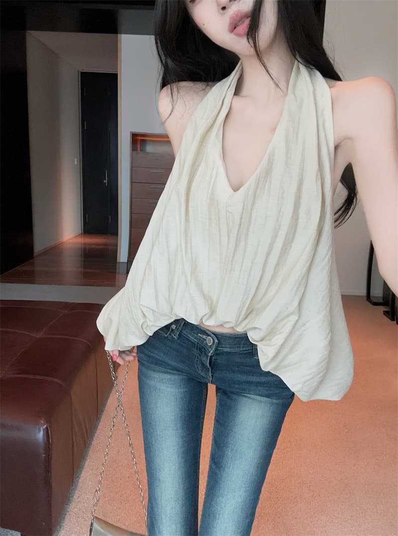 실사 품격 불규칙 V넥 행침 목 백리스 꽃밭 조끼 민소매 맨위 상세 이미지 3