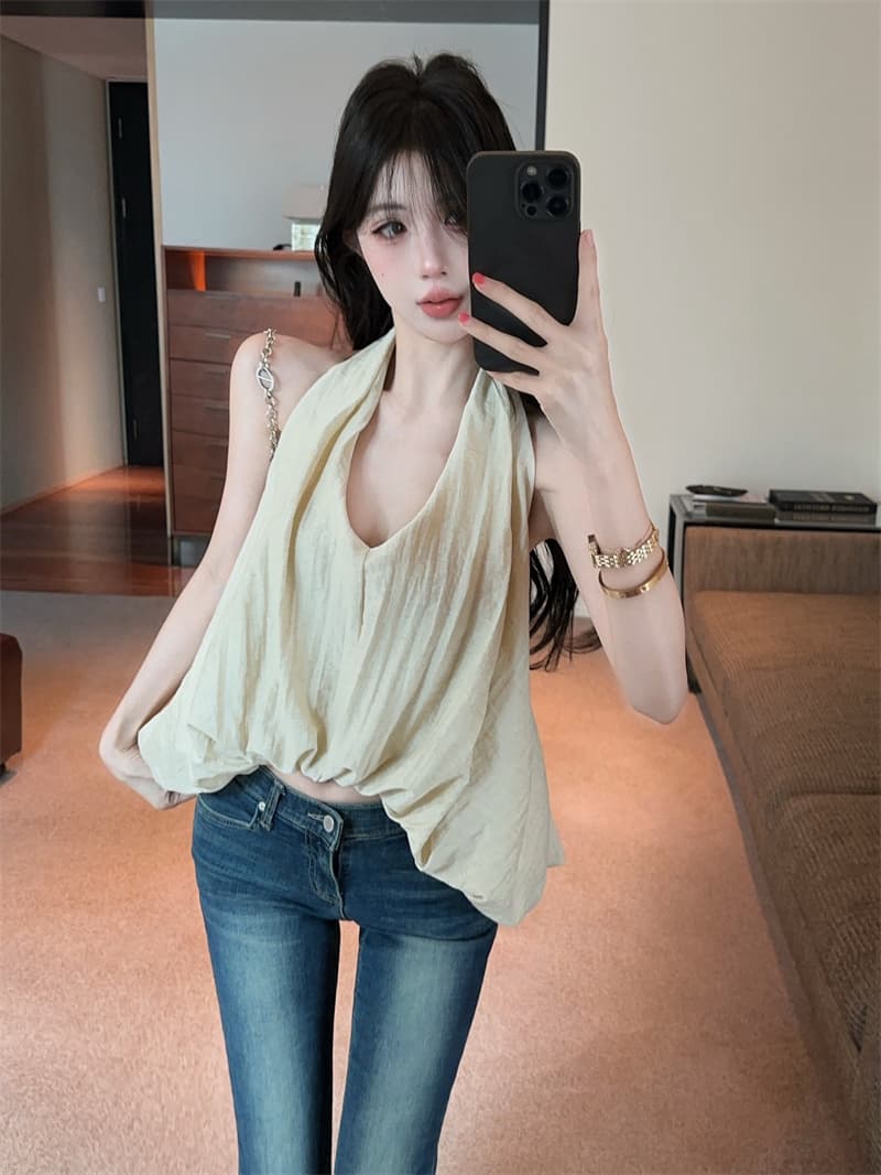 실사 품격 불규칙 V넥 행침 목 백리스 꽃밭 조끼 민소매 맨위 상세 이미지 4