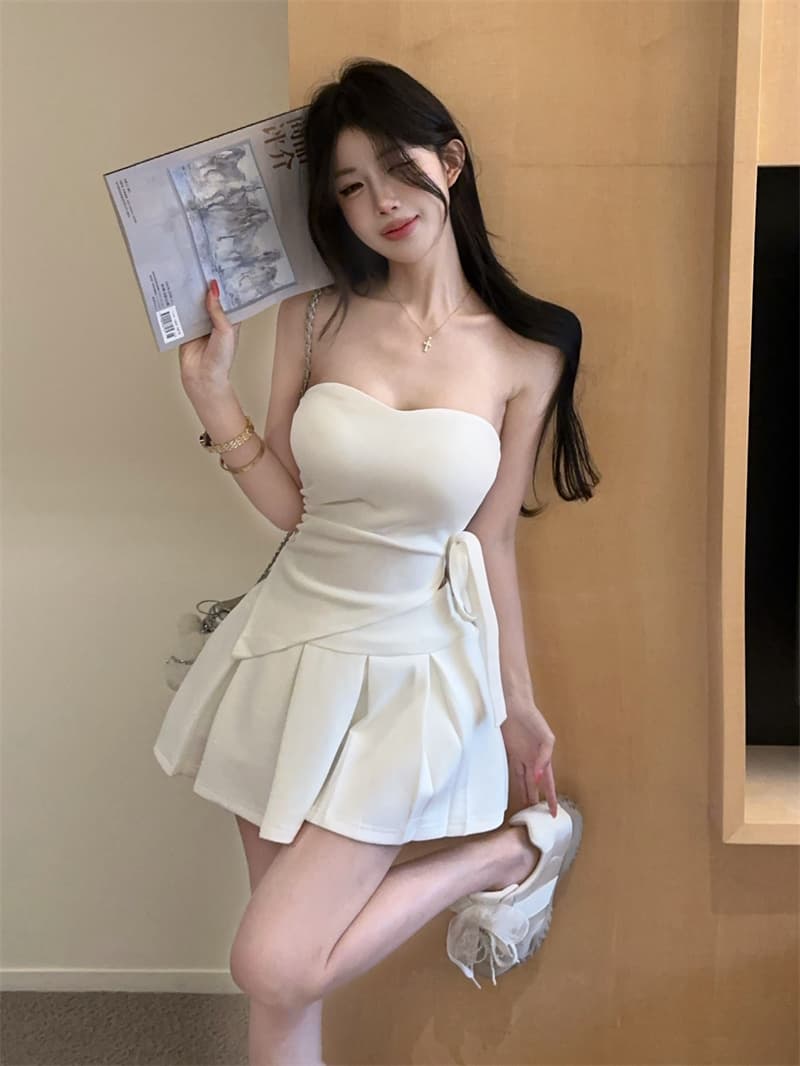 실사 순수한 욕망 불규칙 스트랩 허리 수축 튜브탑 조끼 하이웨이스트 슬림해 보이는 플리츠 스커트 투피스 세트 벨트 가슴 패드 상세 이미지 11