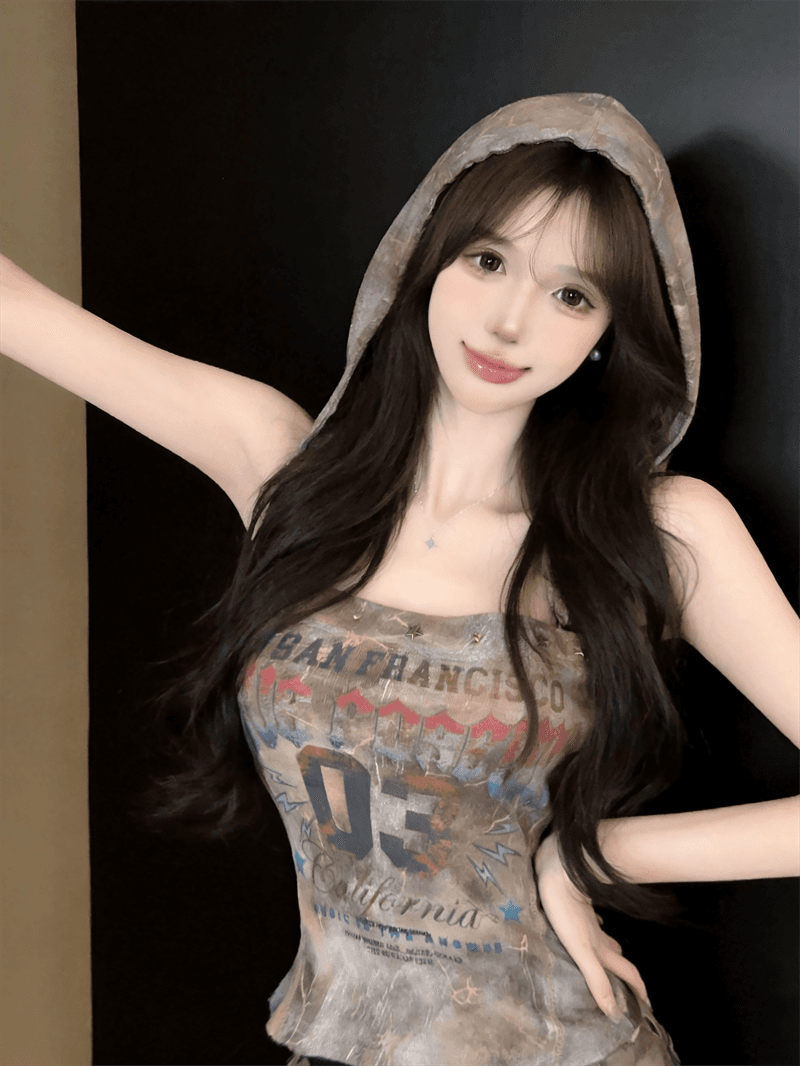 실사 아메리칸 핫걸 레트로 공예 워시 오래된 인쇄 윌로우 못 광장 칼라 튜브탑 후드 캐미솔 맨위 상세 이미지 7
