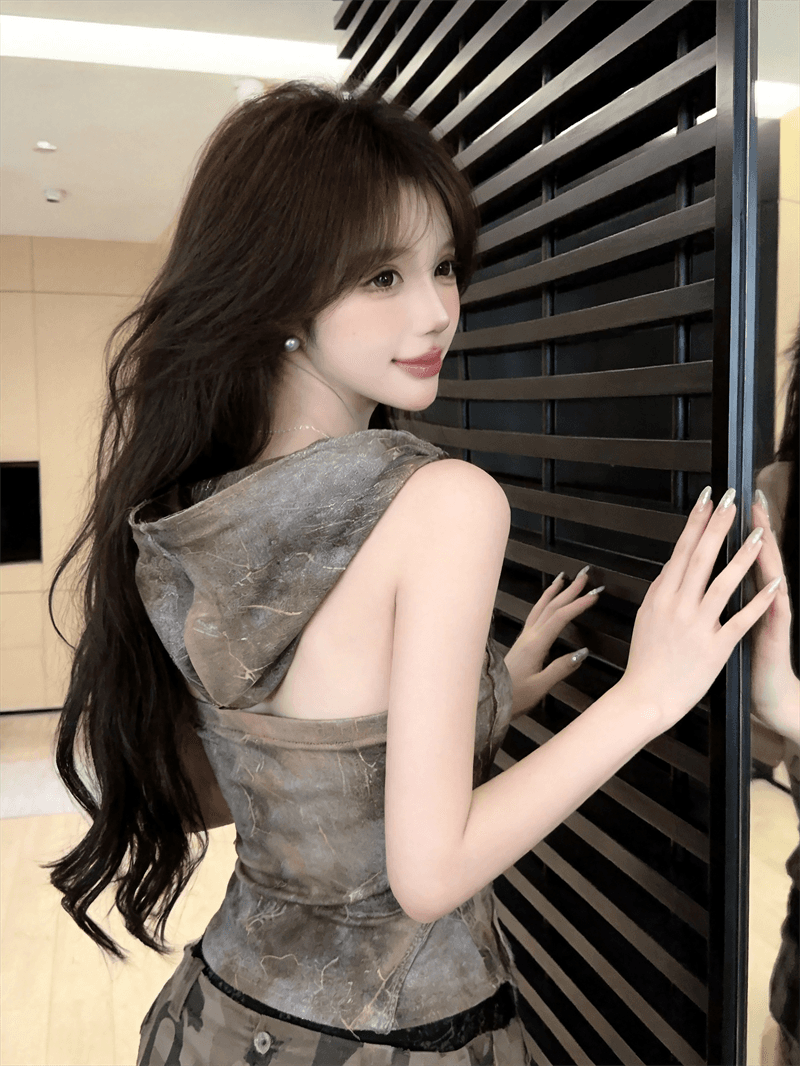 실사 아메리칸 핫걸 레트로 공예 워시 오래된 인쇄 윌로우 못 광장 칼라 튜브탑 후드 캐미솔 맨위 상세 이미지 8