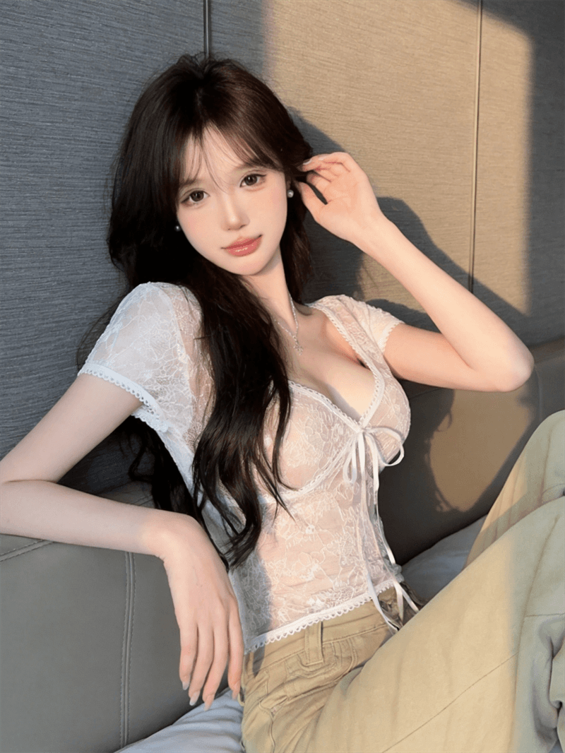 실사 순수한 욕망 나비 매듭 V넥 몸매 가꾸기 품격 레이스 셔츠 섹시함 백리스 맨위 이미지 2