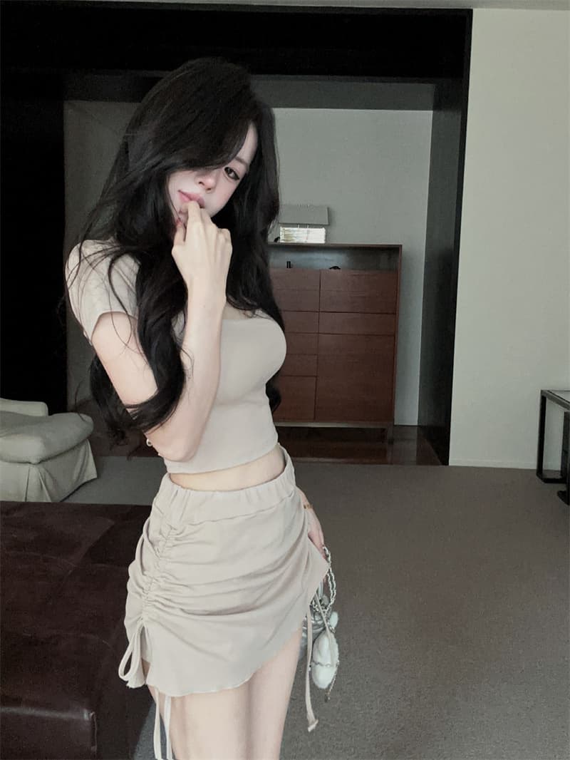 실사 한국 스타일 패션 광장 칼라 핫걸 반팔 켜기 벨트 가슴 패드 펌프 로프 타이트 스커트 반신 바지 투피스 세트 상세 이미지 6