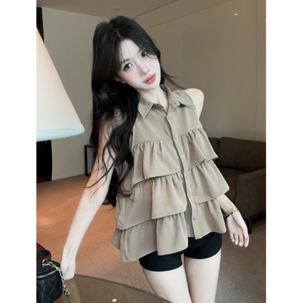 실사 프랑스식 달콤함 프릴 폴로 칼라 민소매 루즈핏 셔츠 맨위 이미지 5