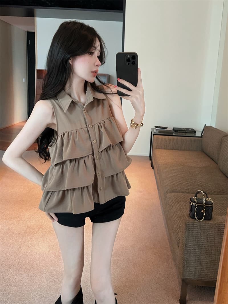 실사 프랑스식 달콤함 프릴 폴로 칼라 민소매 루즈핏 셔츠 맨위 상세 이미지 1