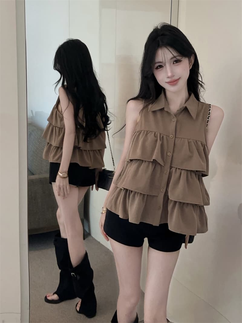 실사 프랑스식 달콤함 프릴 폴로 칼라 민소매 루즈핏 셔츠 맨위 상세 이미지 3