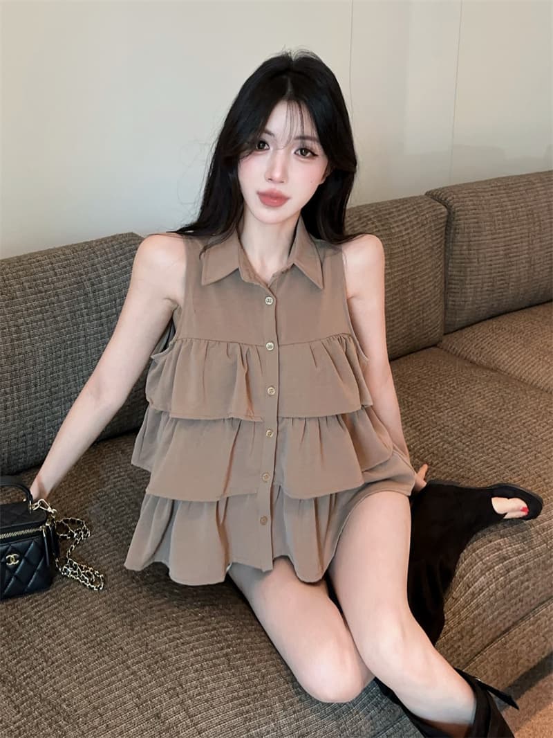 실사 프랑스식 달콤함 프릴 폴로 칼라 민소매 루즈핏 셔츠 맨위 상세 이미지 5