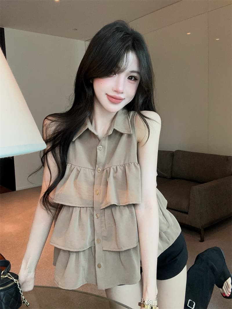 실사 프랑스식 달콤함 프릴 폴로 칼라 민소매 루즈핏 셔츠 맨위 상세 이미지 7