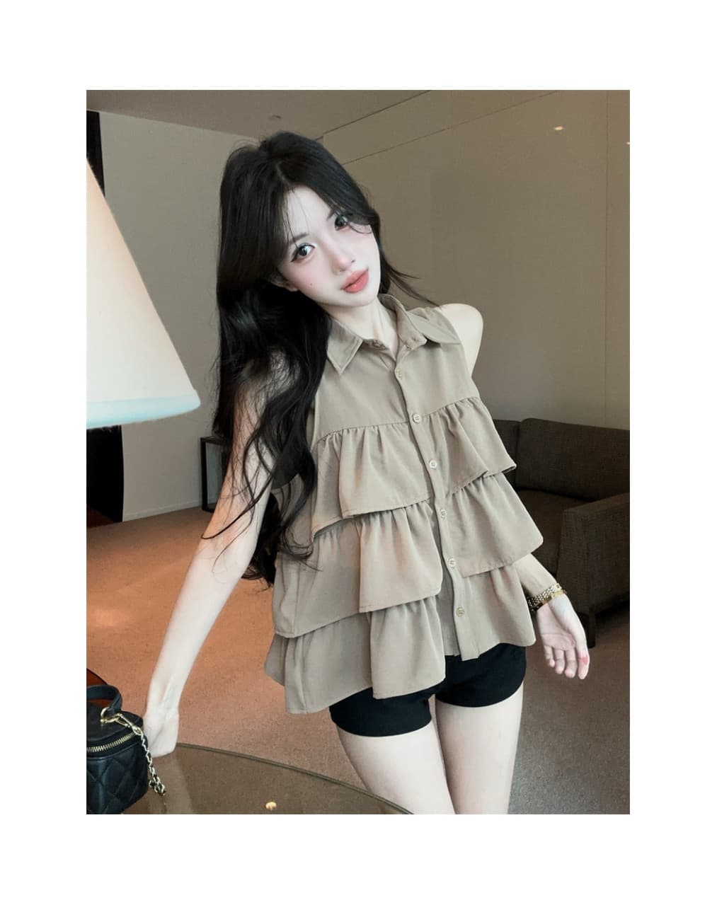 실사 프랑스식 달콤함 프릴 폴로 칼라 민소매 루즈핏 셔츠 맨위 상세 이미지 8