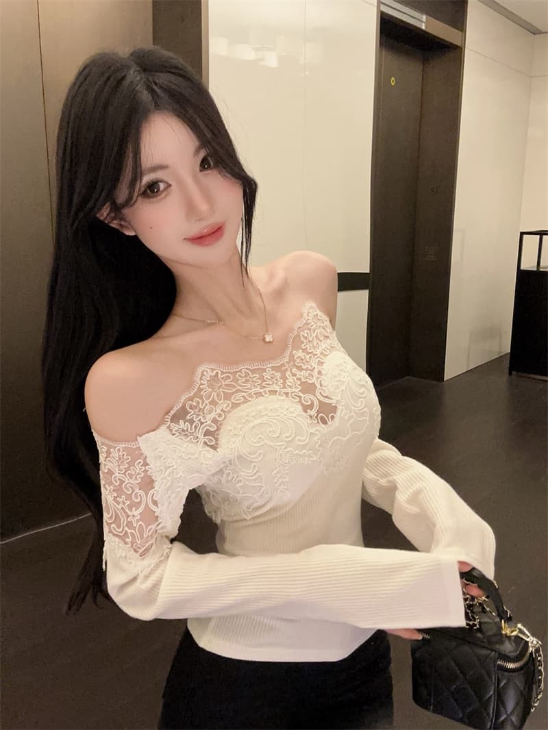 실사 순수한 욕망 레이스 조각 오프숄더 오프숄더 몸매 가꾸기 인사이드 가져 가라. 기본 셔츠 맨위 상세 이미지 1