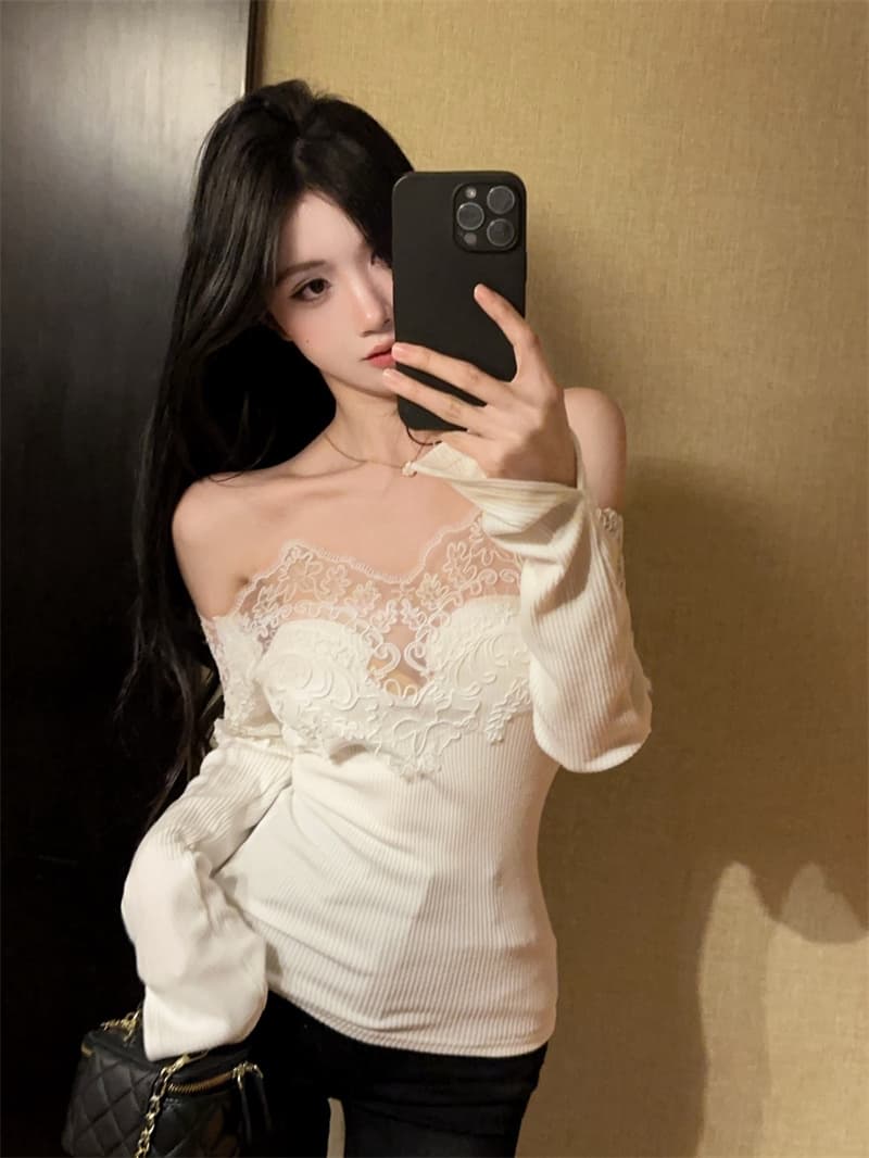 실사 순수한 욕망 레이스 조각 오프숄더 오프숄더 몸매 가꾸기 인사이드 가져 가라. 기본 셔츠 맨위 상세 이미지 3