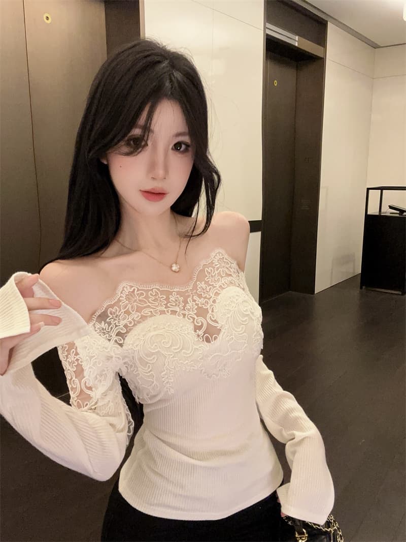 실사 순수한 욕망 레이스 조각 오프숄더 오프숄더 몸매 가꾸기 인사이드 가져 가라. 기본 셔츠 맨위 상세 이미지 13