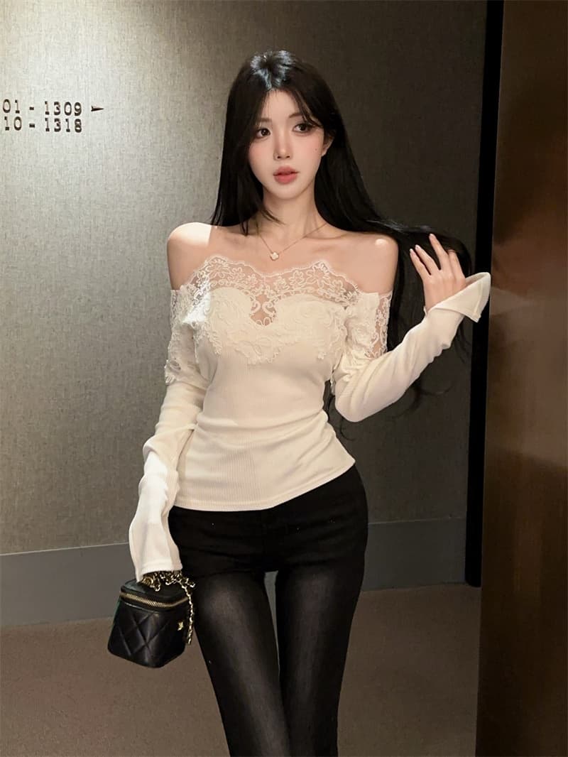 실사 순수한 욕망 레이스 조각 오프숄더 오프숄더 몸매 가꾸기 인사이드 가져 가라. 기본 셔츠 맨위 상세 이미지 14
